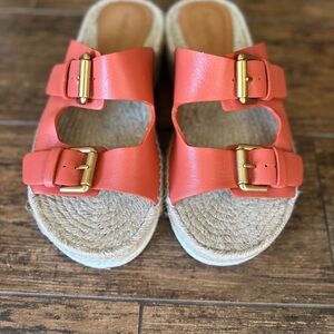 See by Chloé Glyn leather platform espadrille sandals orange gold buckles 38